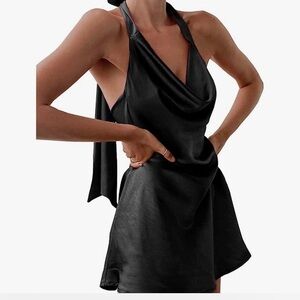 black silk slip dress with open back